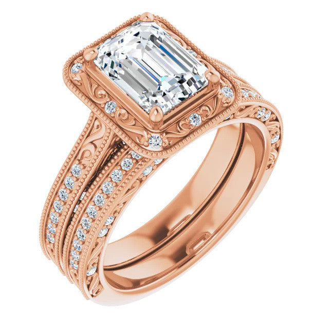 Emerald / Radiant Scroll Accented Halo Engagement Ring