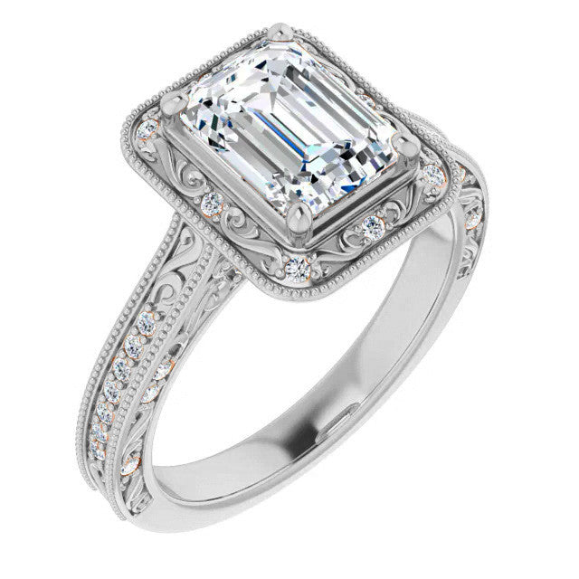 Emerald / Radiant Scroll Accented Halo Engagement Ring