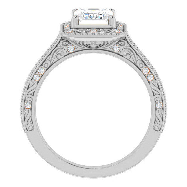 Emerald / Radiant Scroll Accented Halo Engagement Ring