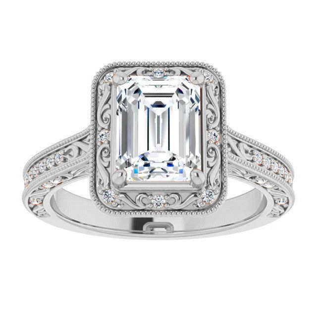 Emerald / Radiant Scroll Accented Halo Engagement Ring