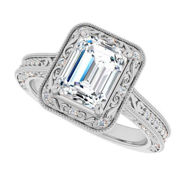 Emerald / Radiant Scroll Accented Halo Engagement Ring