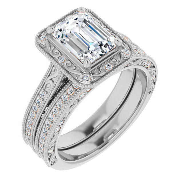 Emerald / Radiant Scroll Accented Halo Engagement Ring