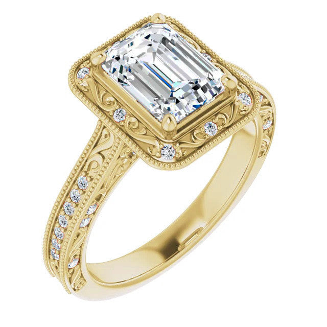 Emerald / Radiant Scroll Accented Halo Engagement Ring