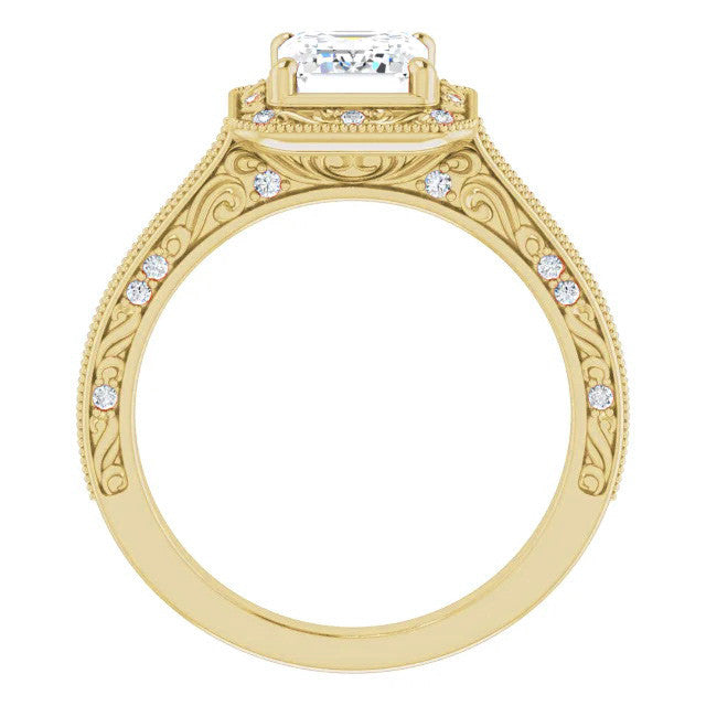 Emerald / Radiant Scroll Accented Halo Engagement Ring