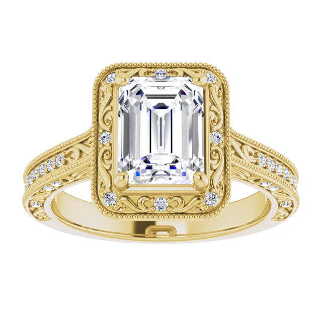 Emerald / Radiant Scroll Accented Halo Engagement Ring