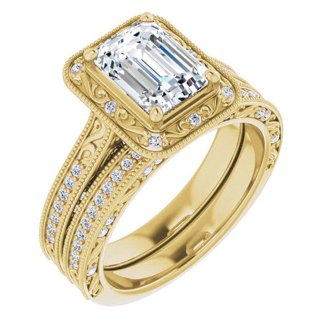 Emerald / Radiant Scroll Accented Halo Engagement Ring