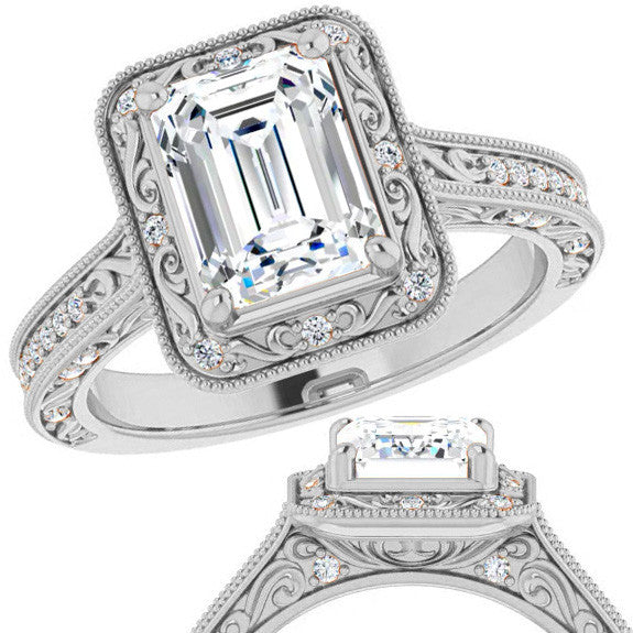 Emerald / Radiant Scroll Accented Halo Engagement Ring