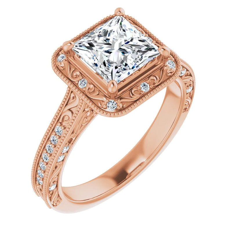 Princess cut Scroll Accented Halo Engagement Ring