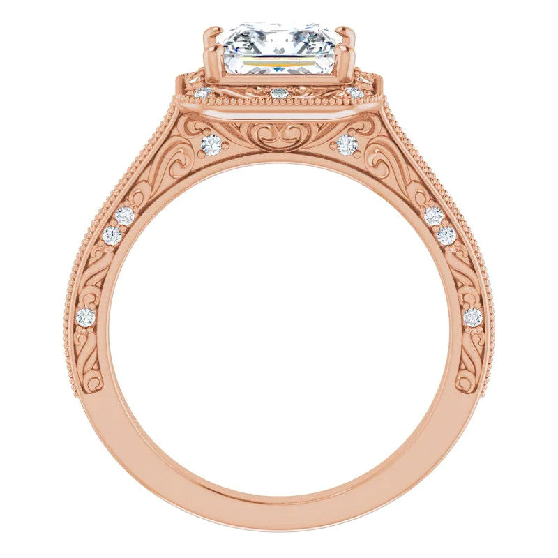 Princess cut Scroll Accented Halo Engagement Ring