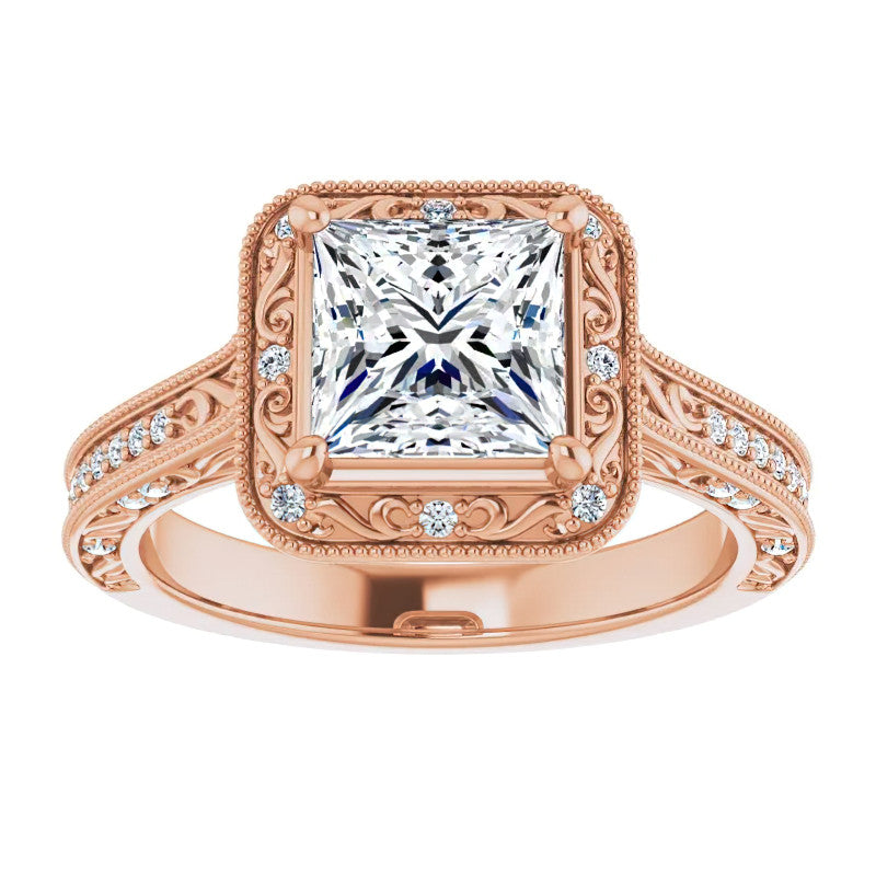 Princess cut Scroll Accented Halo Engagement Ring