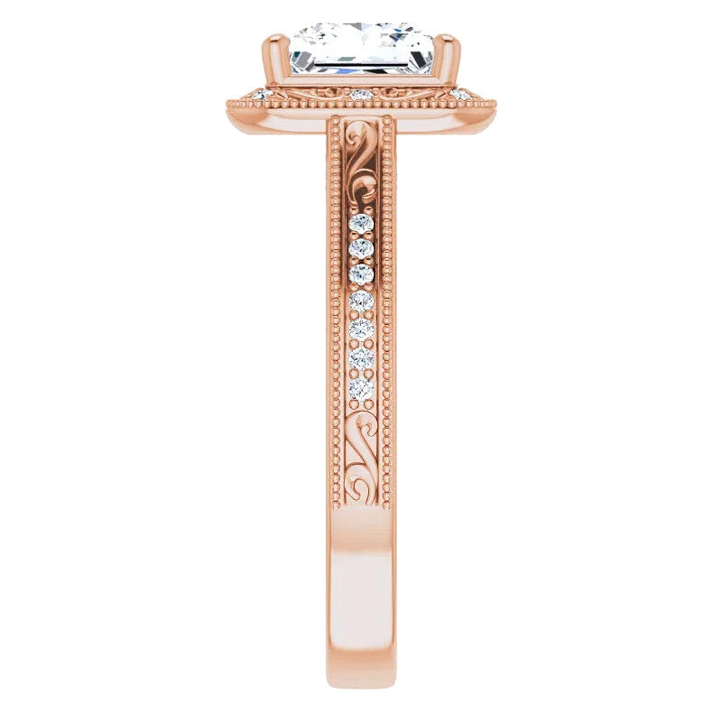 Princess cut Scroll Accented Halo Engagement Ring