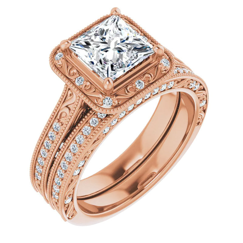Princess cut Scroll Accented Halo Engagement Ring