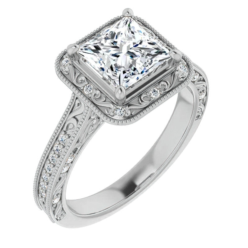 Princess cut Scroll Accented Halo Engagement Ring