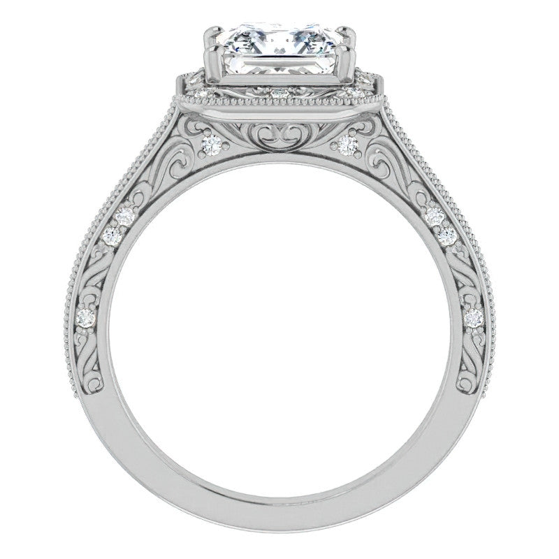 Princess cut Scroll Accented Halo Engagement Ring