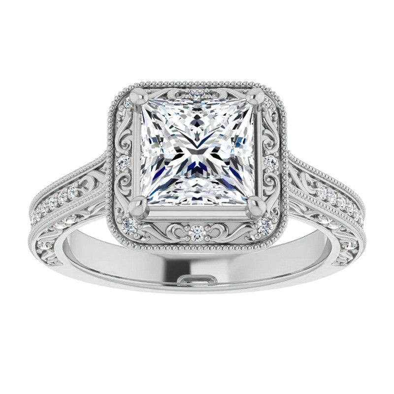 Princess cut Scroll Accented Halo Engagement Ring