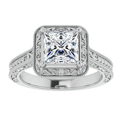 Princess cut Scroll Accented Halo Engagement Ring