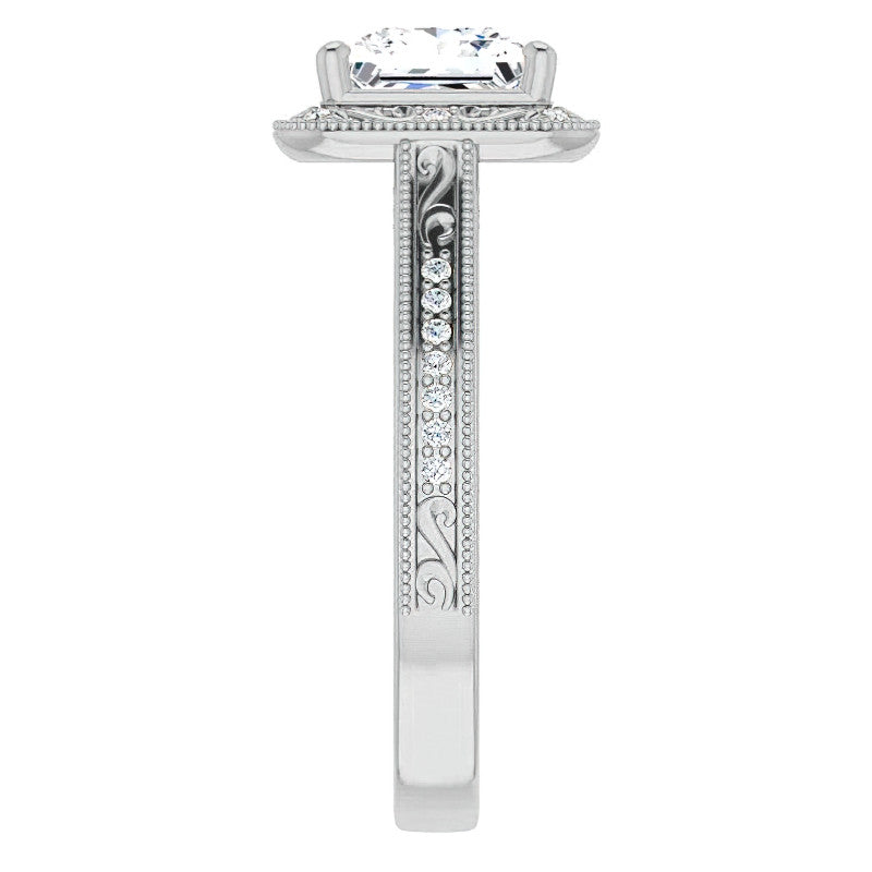 Princess cut Scroll Accented Halo Engagement Ring
