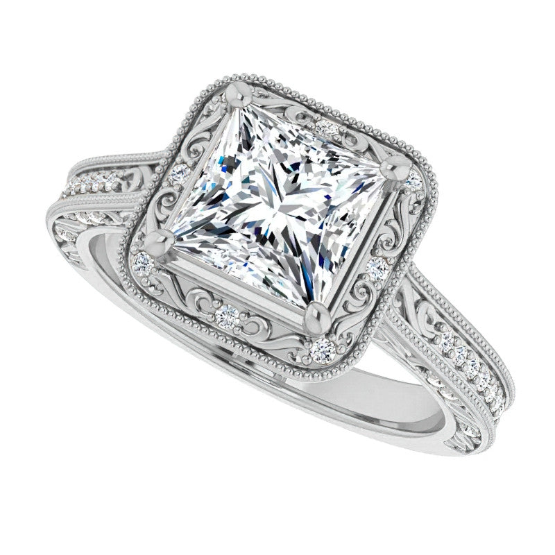 Princess cut Scroll Accented Halo Engagement Ring