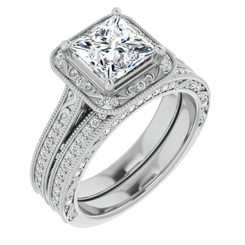 Princess cut Scroll Accented Halo Engagement Ring
