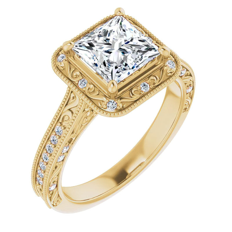 Princess cut Scroll Accented Halo Engagement Ring