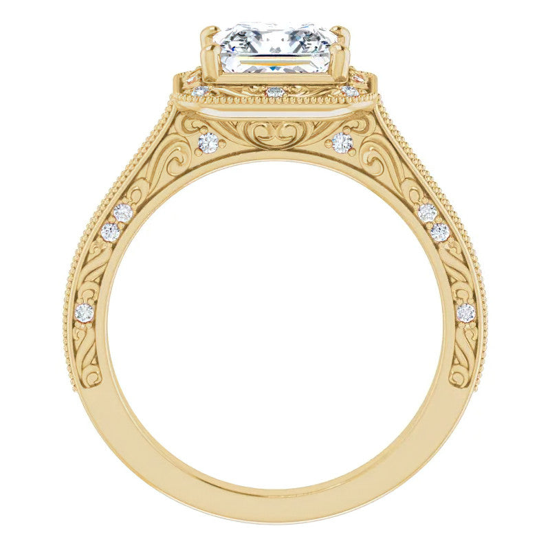 Princess cut Scroll Accented Halo Engagement Ring