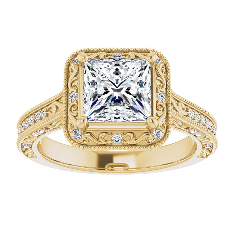 Princess cut Scroll Accented Halo Engagement Ring