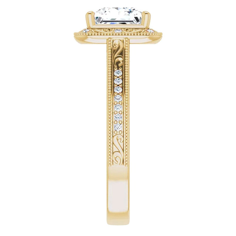 Princess cut Scroll Accented Halo Engagement Ring