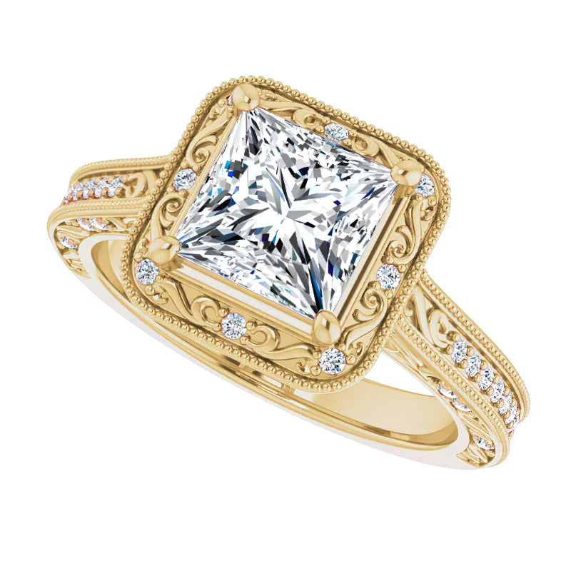Princess cut Scroll Accented Halo Engagement Ring