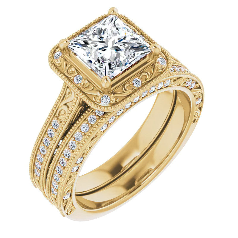 Princess cut Scroll Accented Halo Engagement Ring
