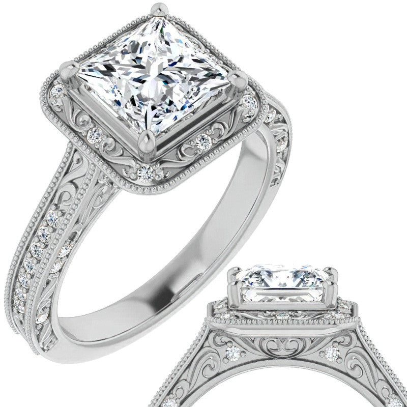 Princess cut Scroll Accented Halo Engagement Ring