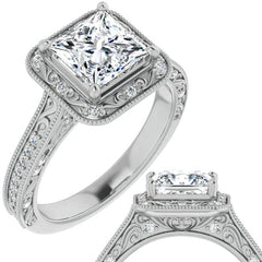 Princess cut Scroll Accented Halo Engagement Ring
