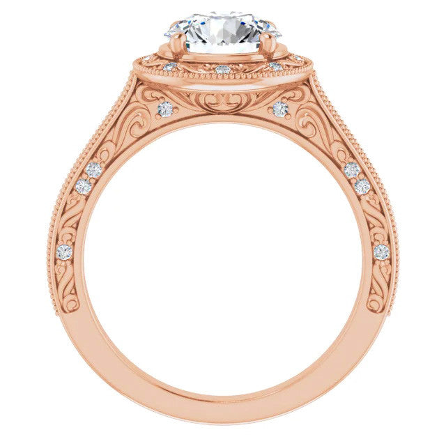 Round Scroll Accented Halo Moissanite Engagement Ring