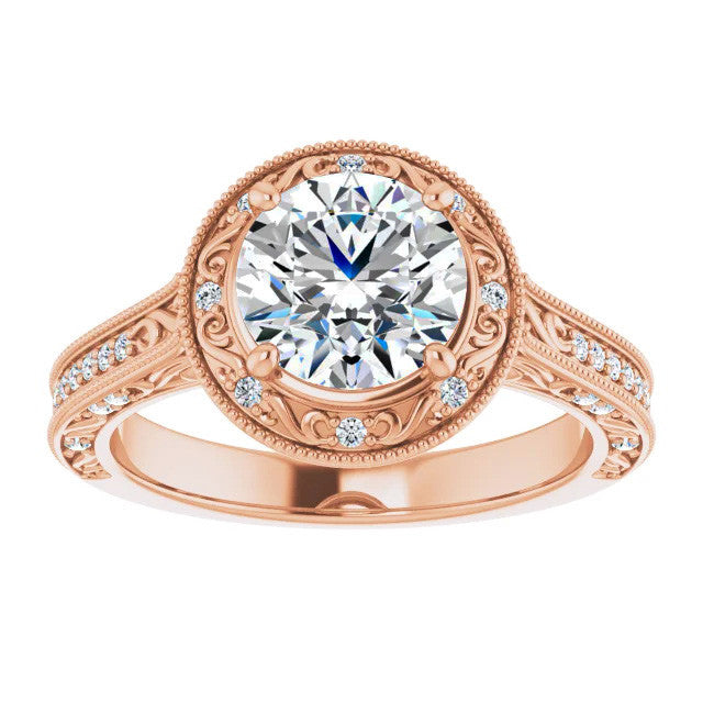 Round Scroll Accented Halo Moissanite Engagement Ring