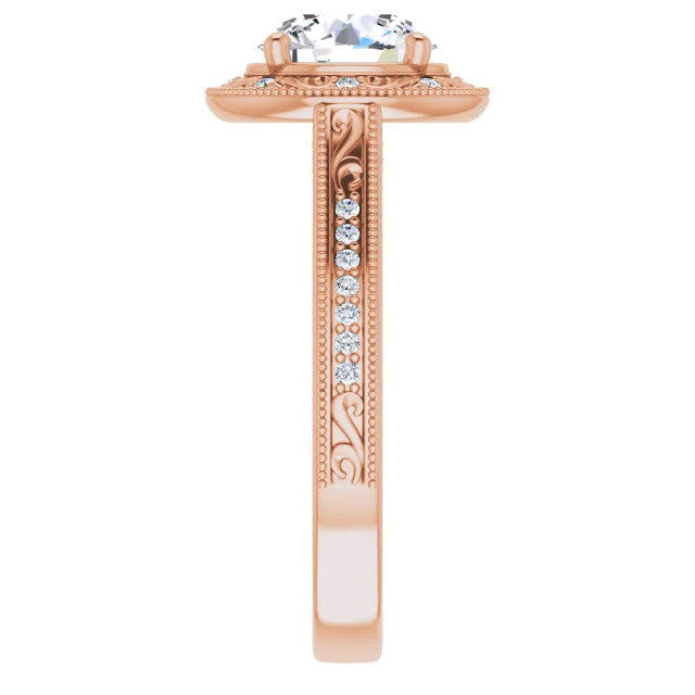 Round Scroll Accented Halo Moissanite Engagement Ring