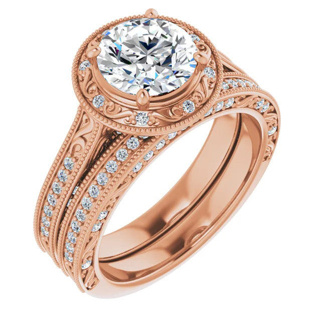 Round Scroll Accented Halo Moissanite Engagement Ring