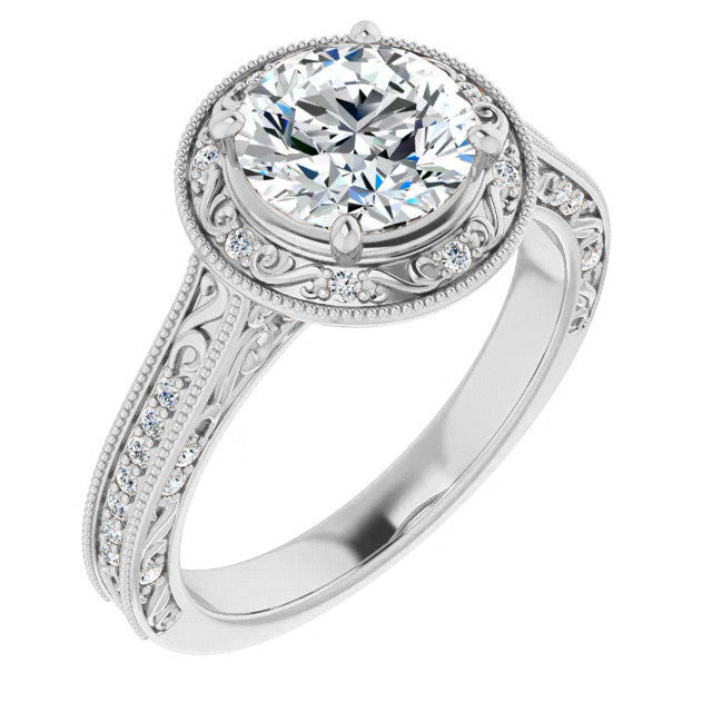 Round Scroll Accented Halo Moissanite Engagement Ring