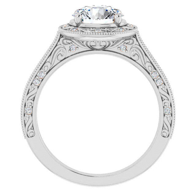 Round Scroll Accented Halo Moissanite Engagement Ring