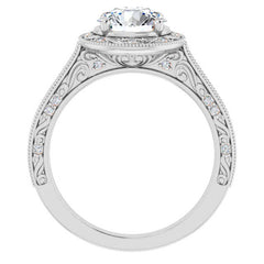 Round Scroll Accented Halo Moissanite Engagement Ring
