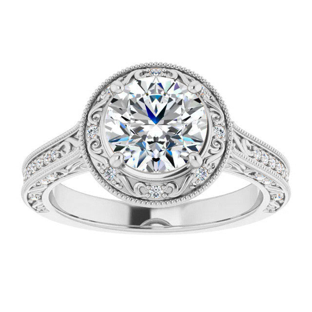 Round Scroll Accented Halo Moissanite Engagement Ring