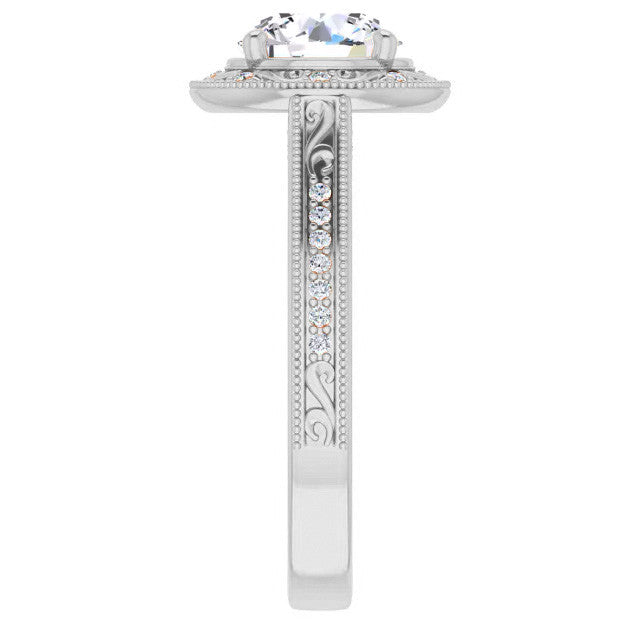 Round Scroll Accented Halo Moissanite Engagement Ring