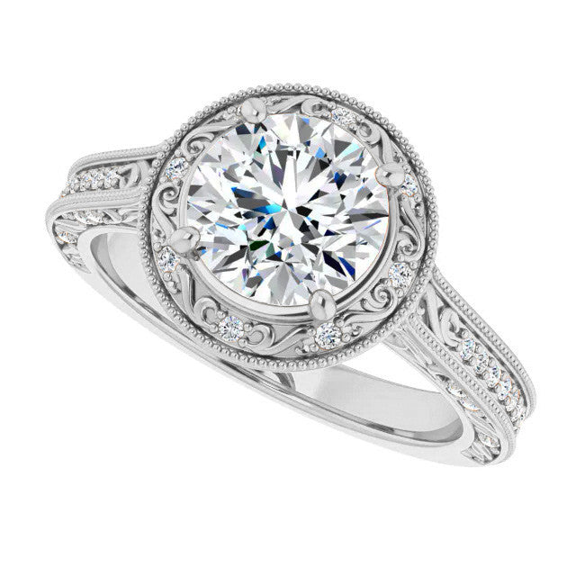 Round Scroll Accented Halo Moissanite Engagement Ring