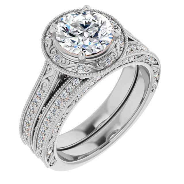Round Scroll Accented Halo Moissanite Engagement Ring