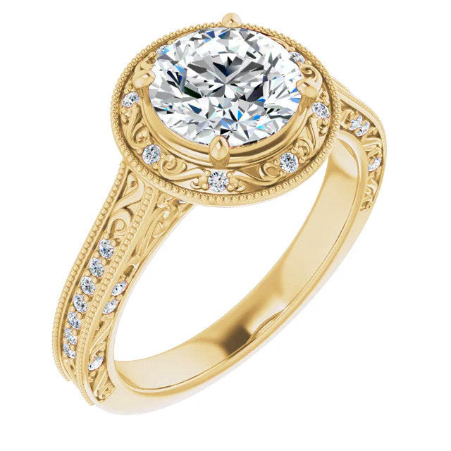 Round Scroll Accented Halo Moissanite Engagement Ring