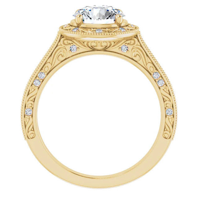 Round Scroll Accented Halo Moissanite Engagement Ring