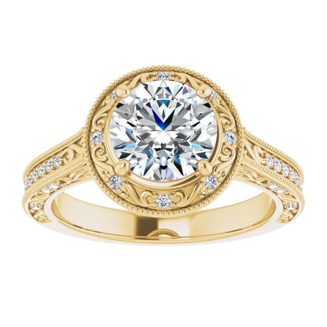 Round Scroll Accented Halo Moissanite Engagement Ring