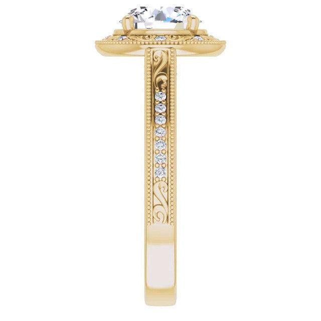 Round Scroll Accented Halo Moissanite Engagement Ring