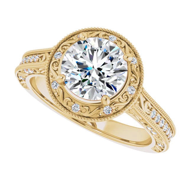 Round Scroll Accented Halo Moissanite Engagement Ring