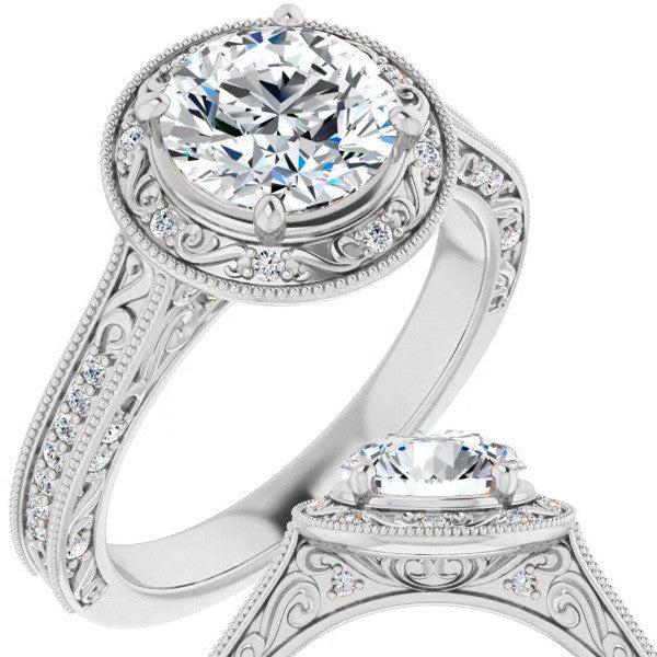 Round Scroll Accented Halo Moissanite Engagement Ring