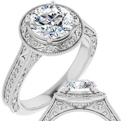 Round Scroll Accented Halo Moissanite Engagement Ring