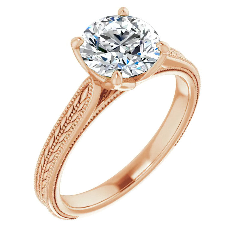 Round Vintage-Style Engraved Solitaire Ring with Tulip Prongs